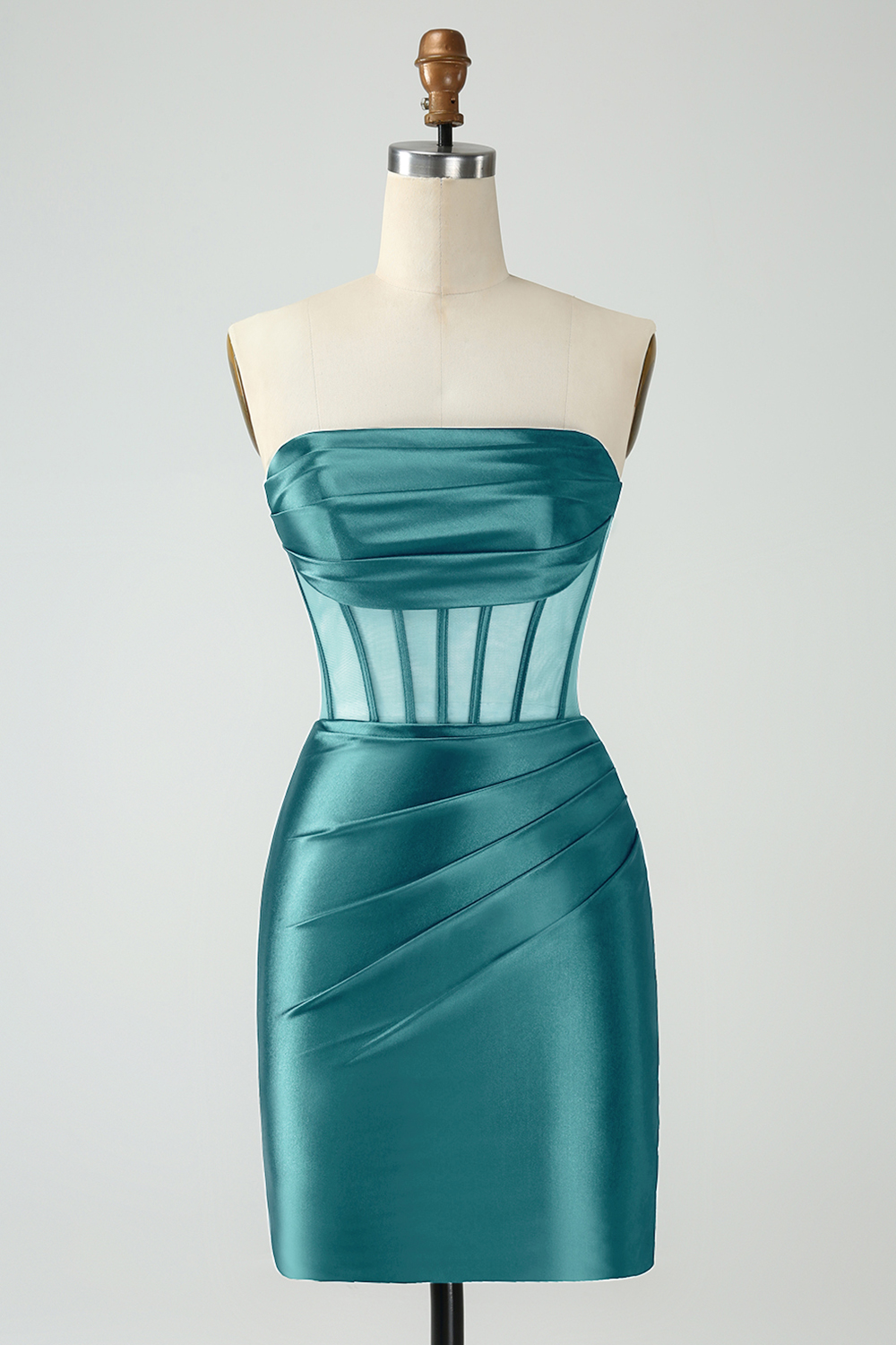 Dark Green Strapless Bodycon Satin Ruched Corset Short Homecoming Dress 