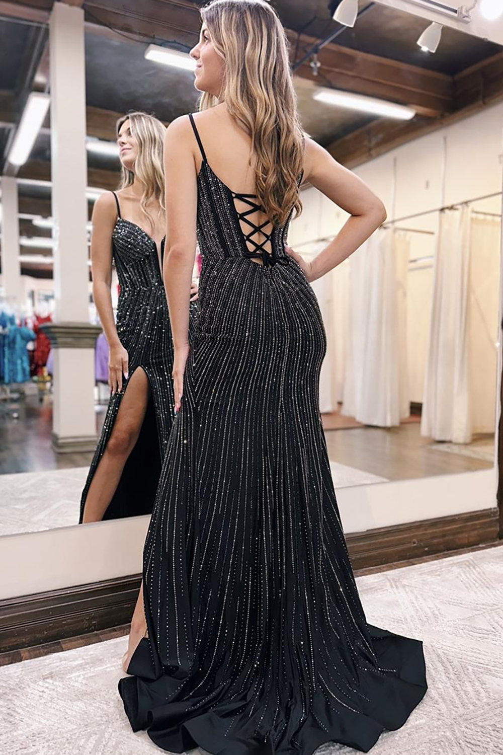 Glitter Black Spaghetti Straps Beaded Mermaid Long Corset Prom Dress with Slit