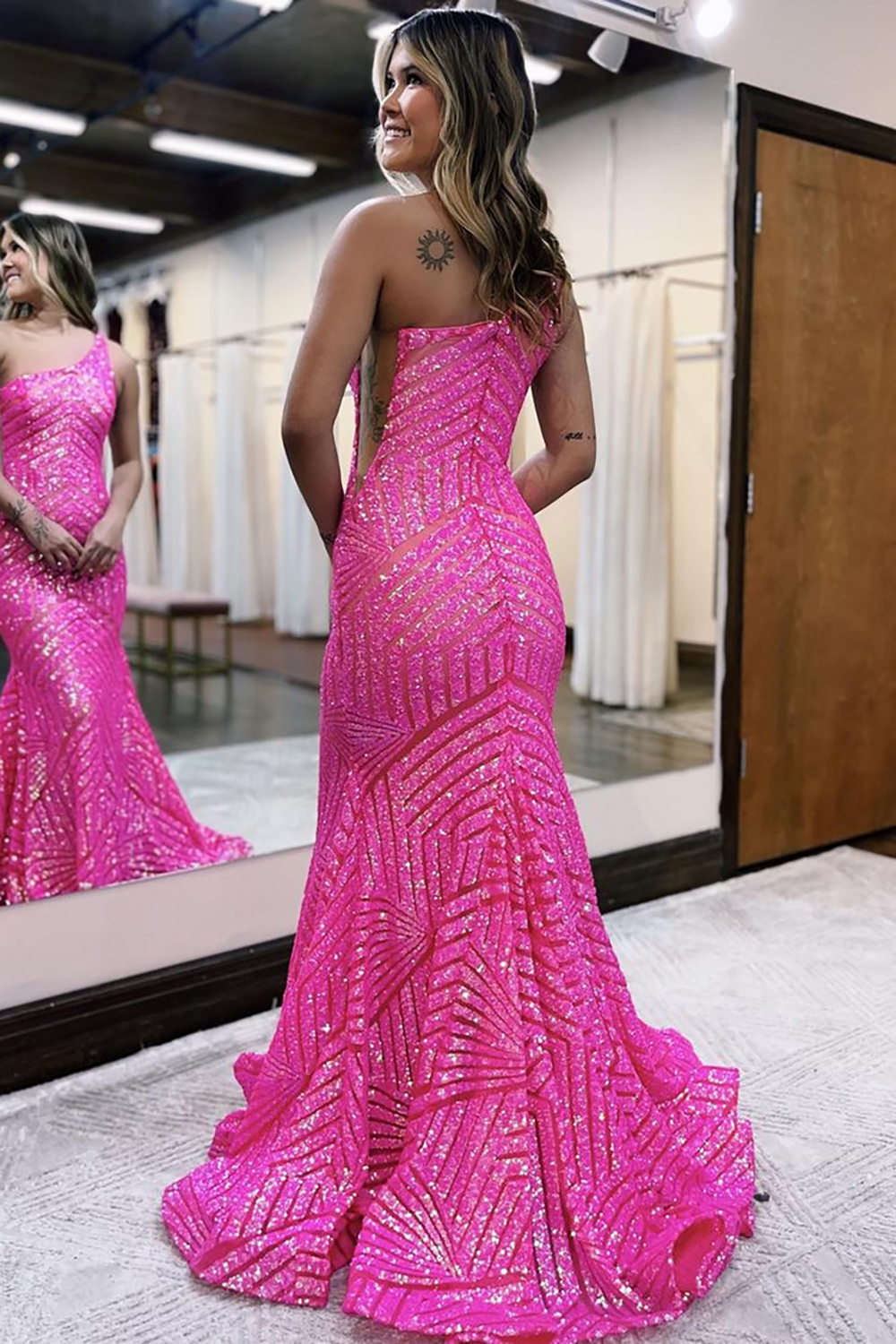 Sparkly Fuchsia One Shoulder Sequined Mermaid Long Prom Dress