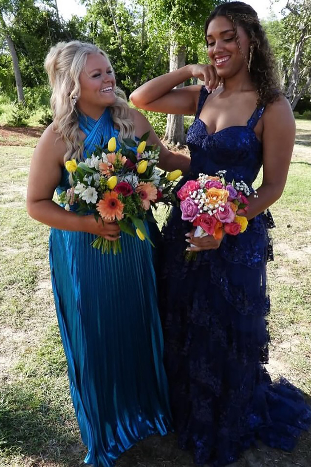 Metallic Blush Halter Neck A-Line Pleated Long Prom Dress with Slit