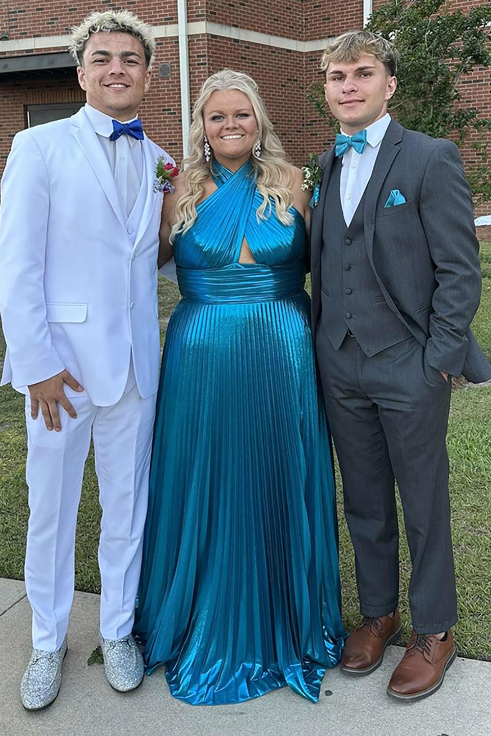 Metallic Blush Halter Neck A-Line Pleated Long Prom Dress with Slit