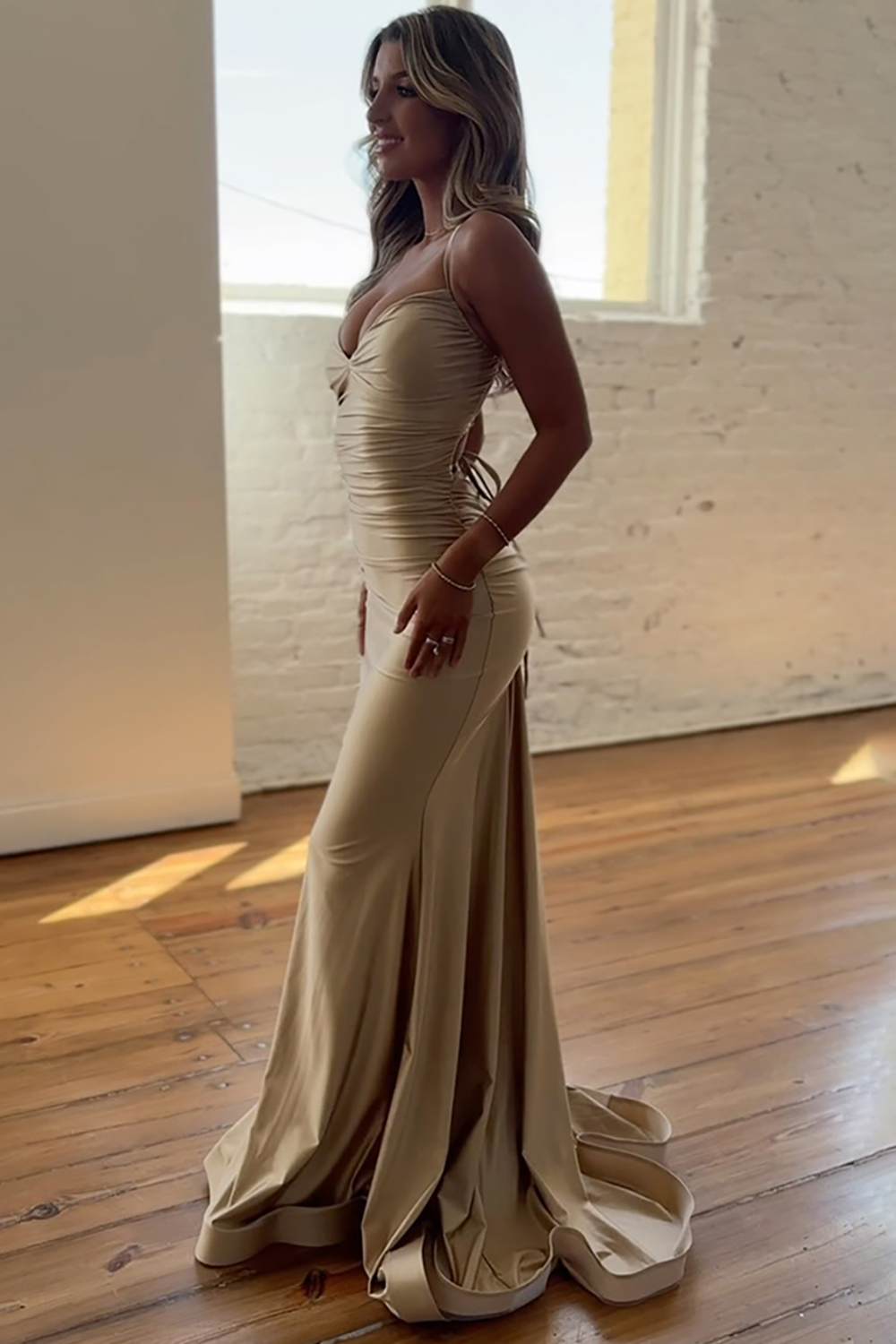 Navy Spaghetti Straps Mermaid Satin Long Prom Dress with Criss Cross Back