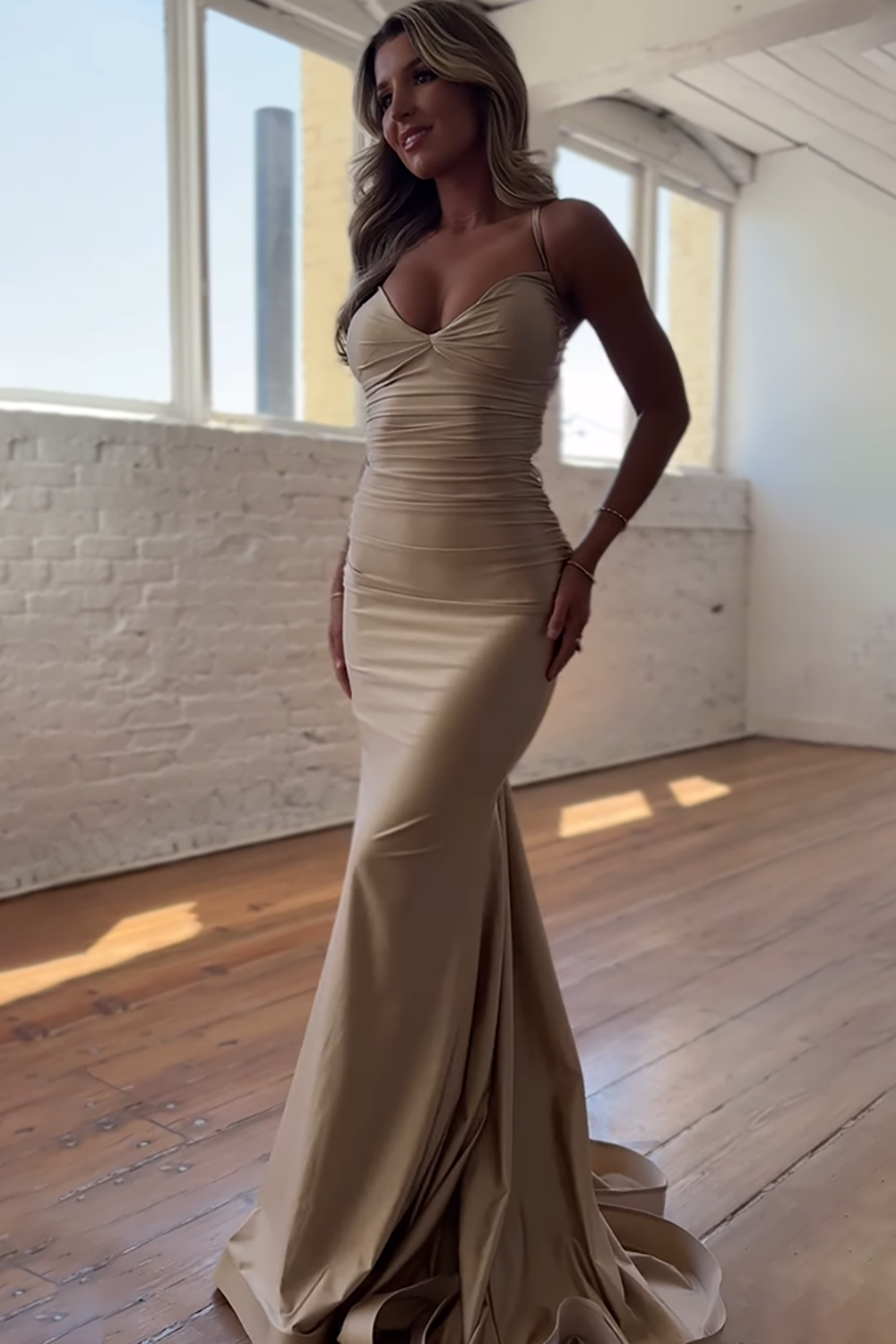 Navy Spaghetti Straps Mermaid Satin Long Prom Dress with Criss Cross Back