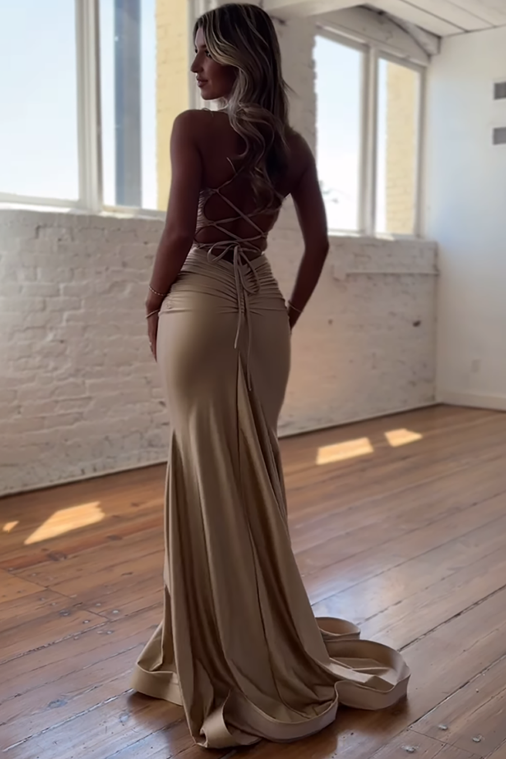 Navy Spaghetti Straps Mermaid Satin Long Prom Dress with Criss Cross Back