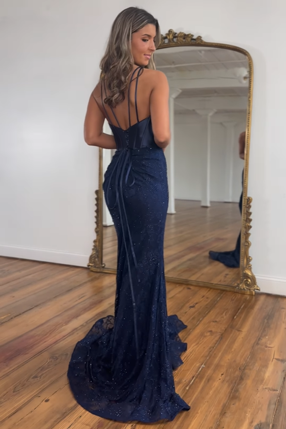 [Copy]Navy Spaghetti Straps Mermaid Satin Long Prom Dress with Criss Cross Back