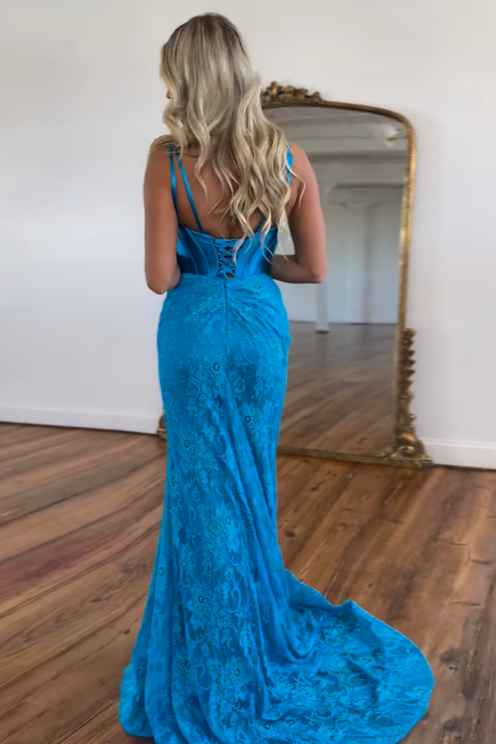 [Copy]Navy Spaghetti Straps Mermaid Satin Long Prom Dress with Criss Cross Back