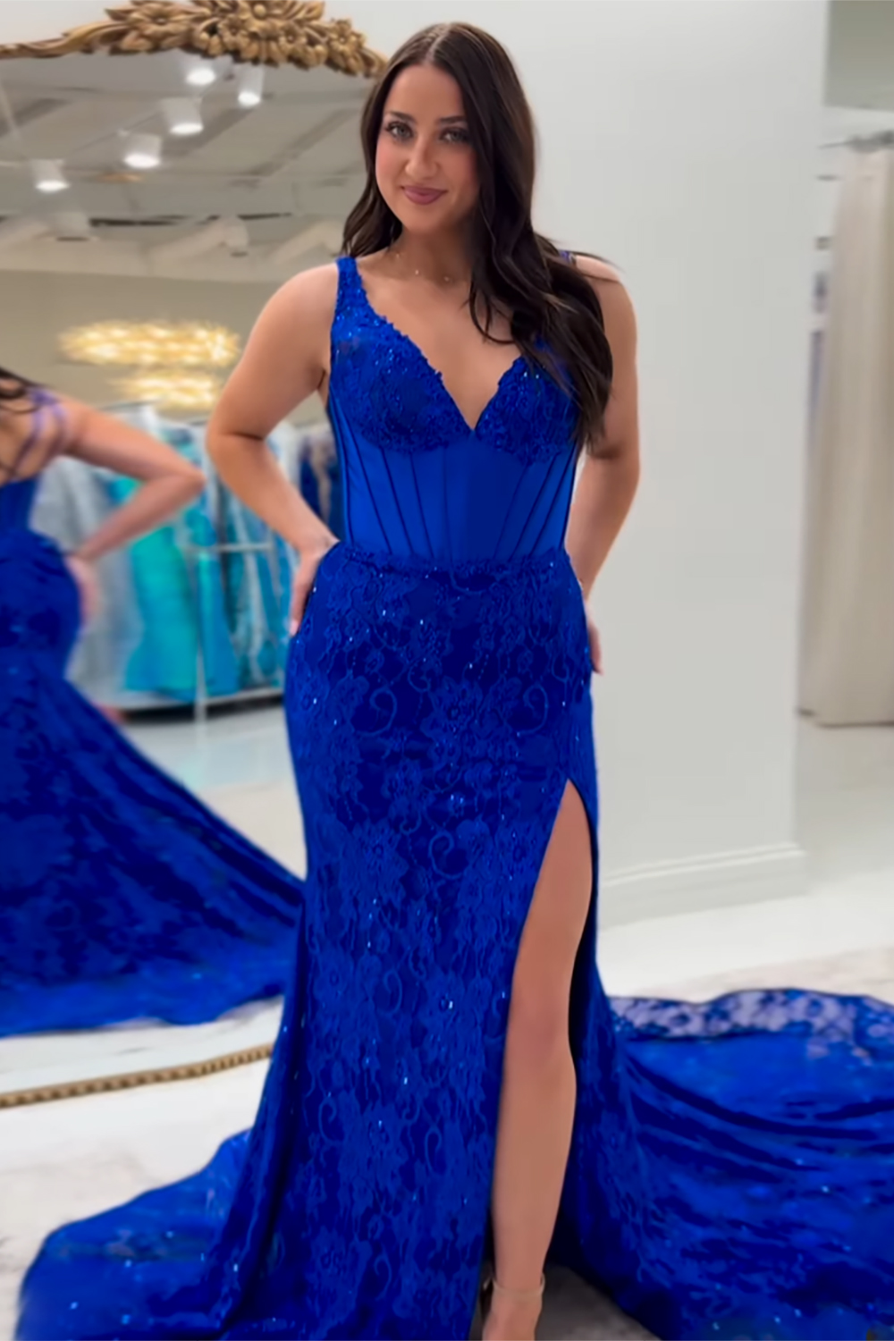 Navy Spaghetti Straps Mermaid Lace Long Corset Prom Dress with Beading