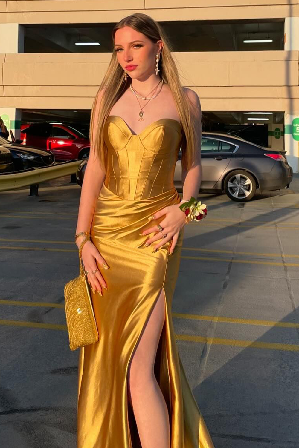 Gold Sweetheart Satin Mermaid Long Corset Prom Dress with Split Front