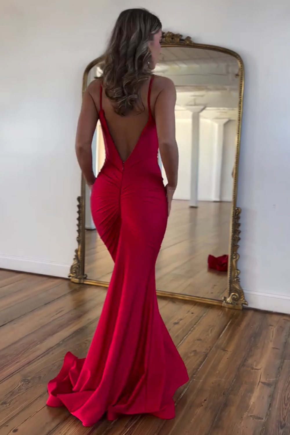 Red Spaghetti Straps Mermaid Satin Long Prom Dress with Open Back