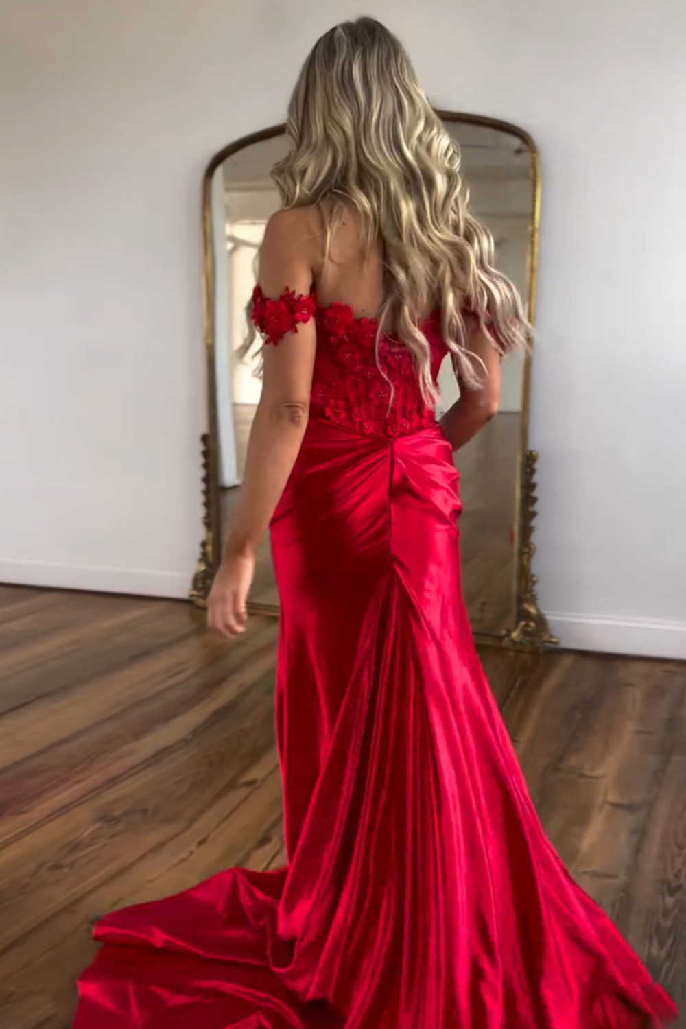 Red Off the Shoulder Mermaid Satin Long Corset Prom Dress with Appliques