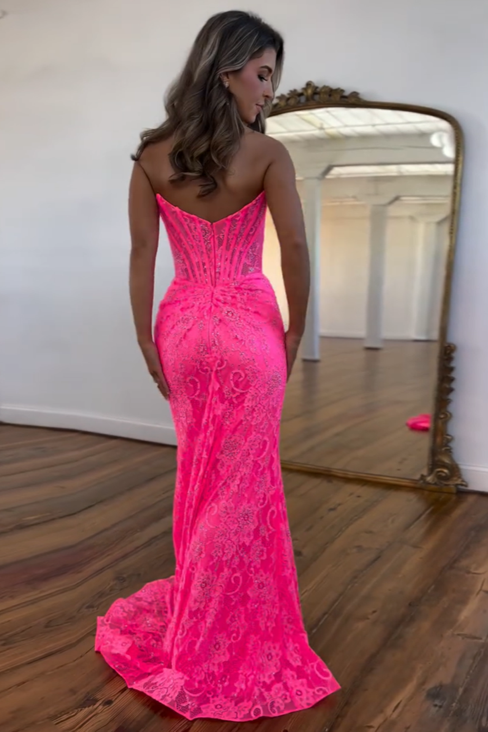 Hot Pink Strapless Mermaid Lace Long Corset Prom Dress with Slit