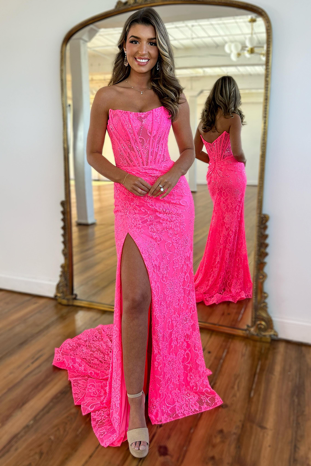 Hot Pink Strapless Mermaid Lace Long Corset Prom Dress with Slit