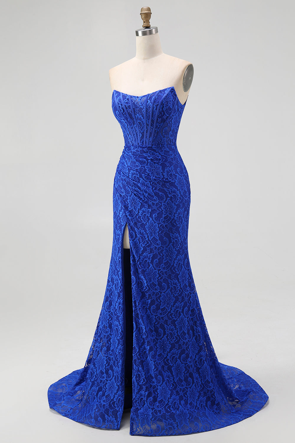 Elegant Royal Blue Lace Sweetheart Mermaid Long Corset Prom Dress with Slit