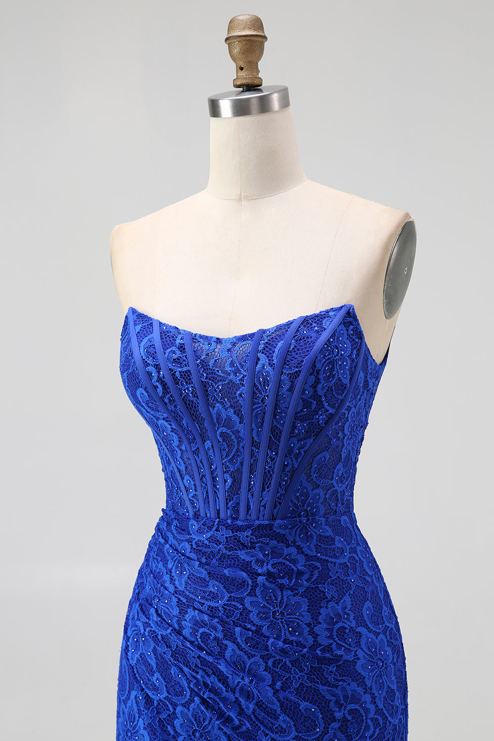 Elegant Royal Blue Lace Sweetheart Mermaid Long Corset Prom Dress with Slit