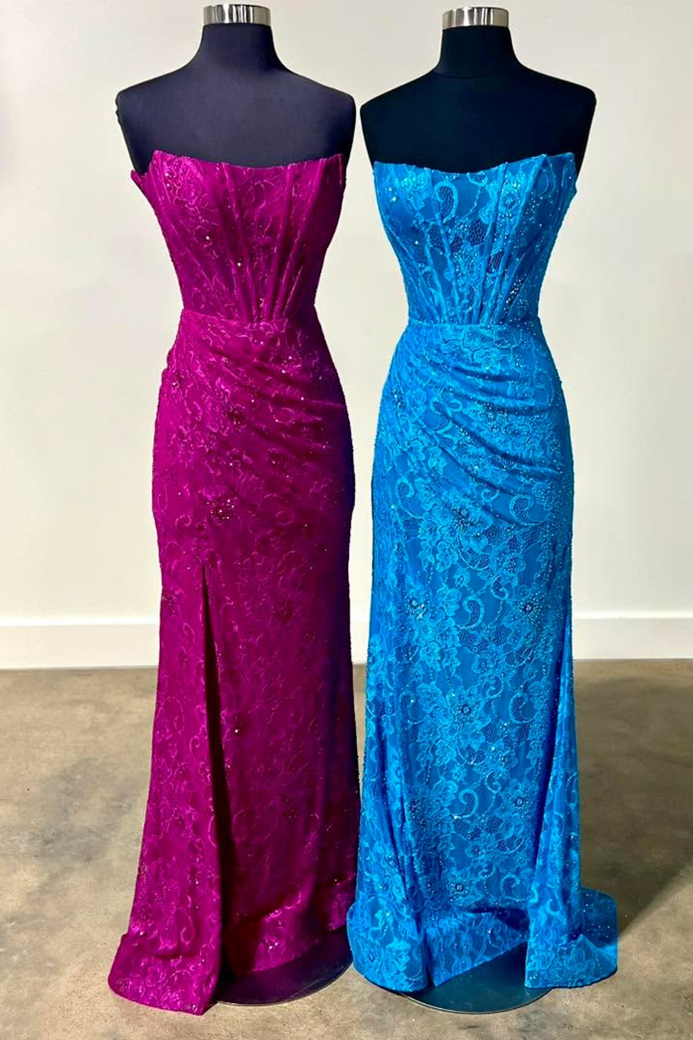 Hot Pink Strapless Mermaid Lace Long Corset Prom Dress with Slit