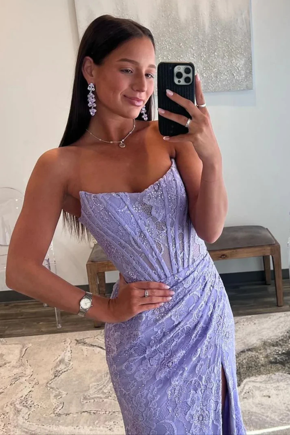 Black Strapless Mermaid Lace Long Corset Prom Dress with Slit