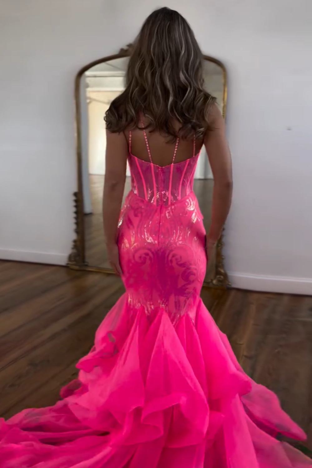 Sparkly Fuchsia Spaghetti Straps Sequins Mermaid Long Corset Prom Dress 