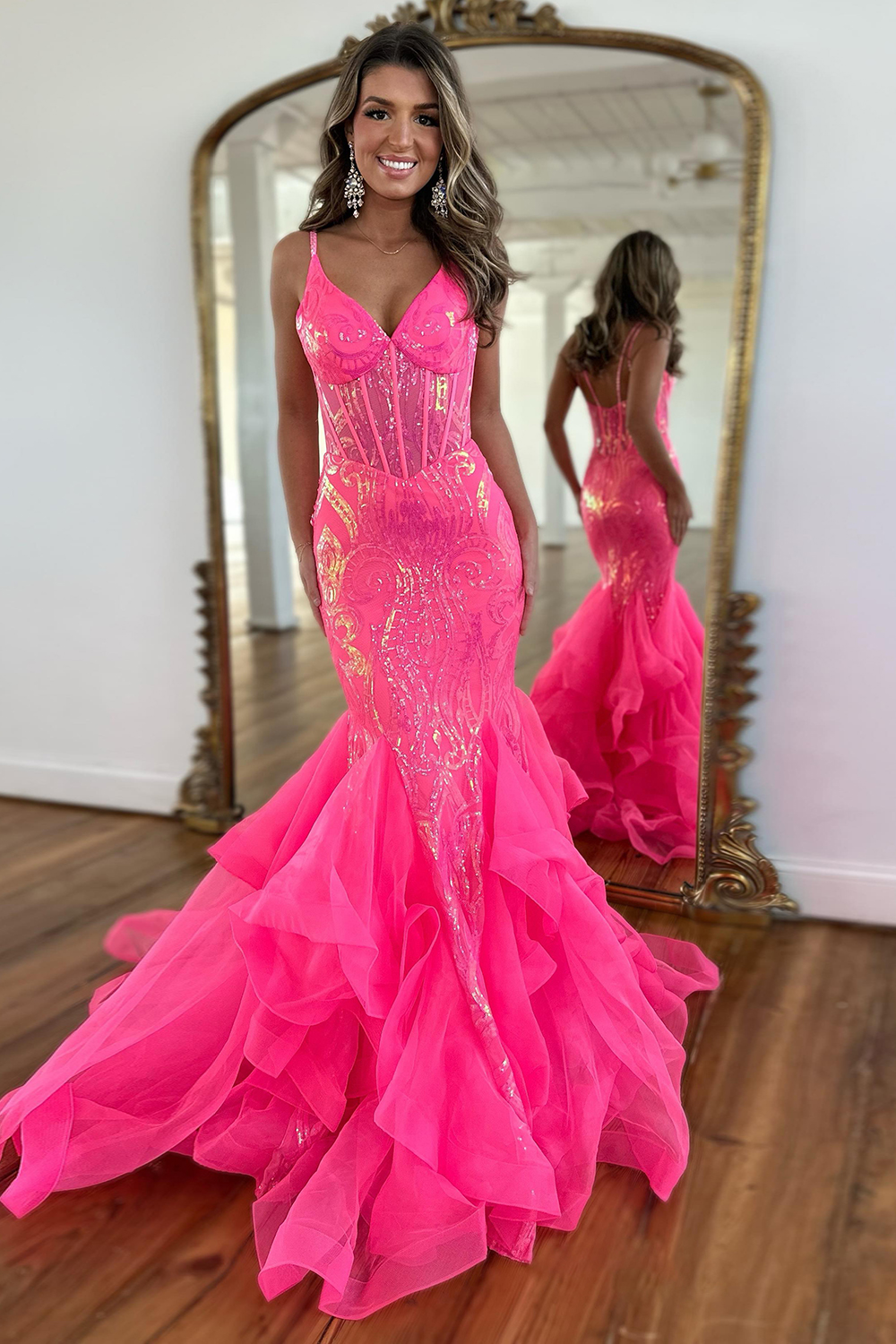 Sparkly Fuchsia Spaghetti Straps Sequins Mermaid Long Corset Prom Dress 