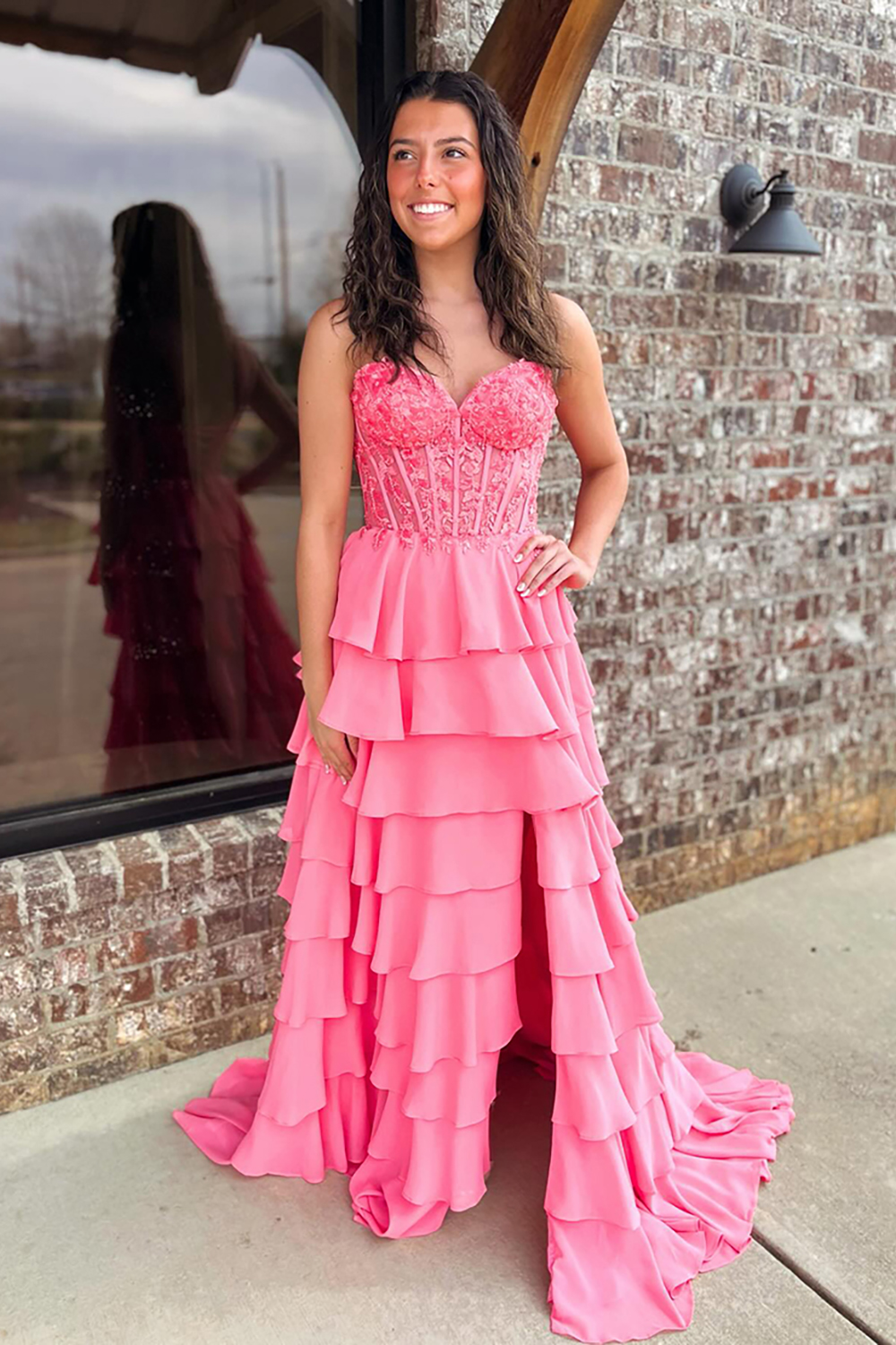 Sparkly Coral Corset Ruffled Tiered Sweetheart Long Prom Dress with Slit