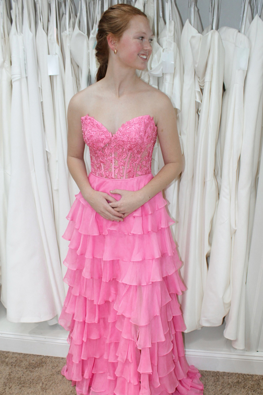 Pink A Line Corset Tiered Long Chiffon Prom Dress with Slit