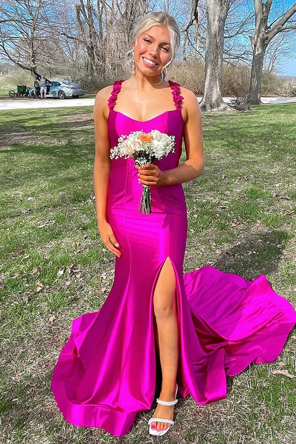 Fuchsia Spaghetti Straps Mermaid Satin Long Prom Dress with Slit
