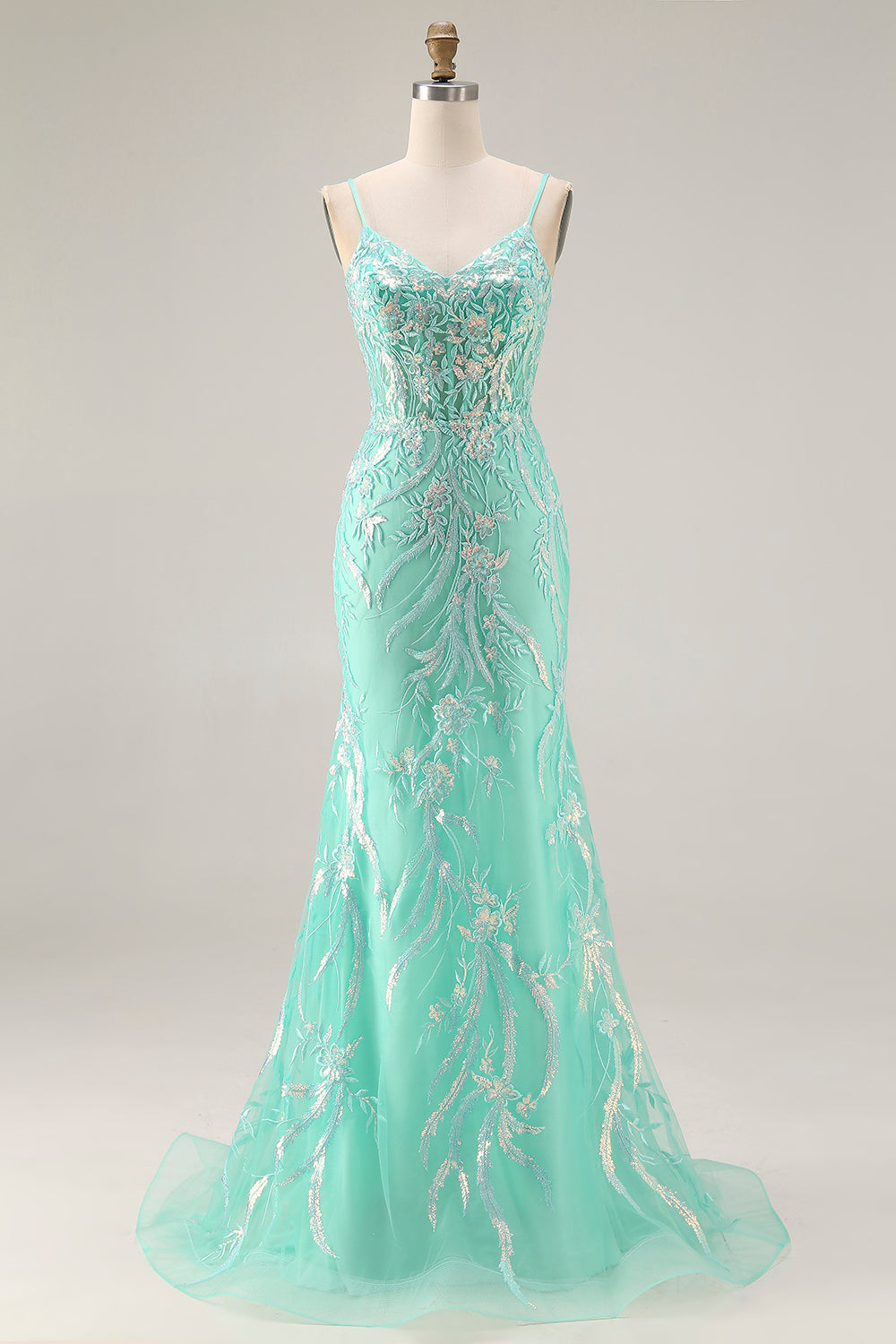 Floral Mint Green Mermaid Lace Long Sparkly Prom Dress