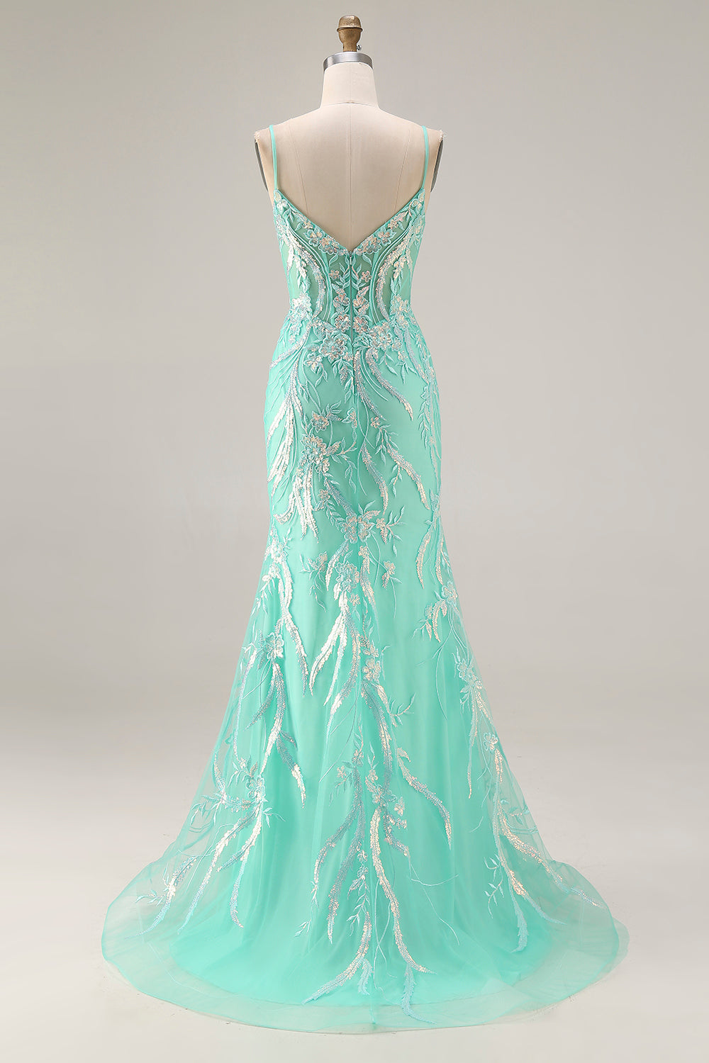 Floral Mint Green Mermaid Lace Long Sparkly Prom Dress