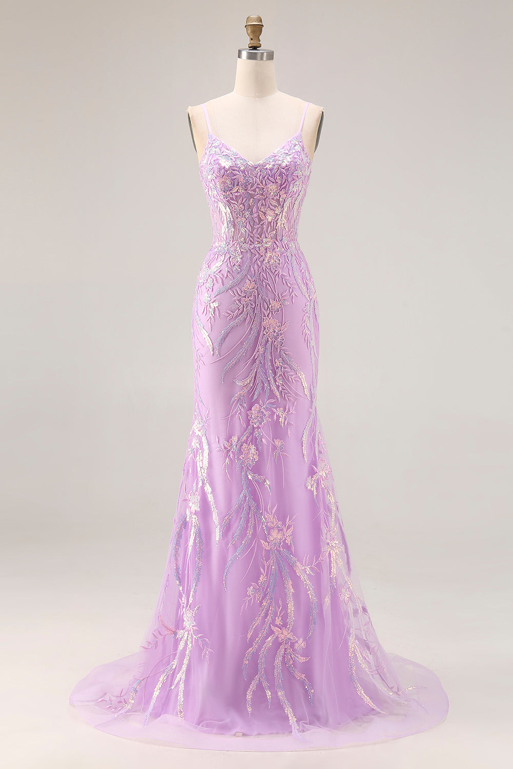 Sparkly Purple Mermaid Lace Long Floral Prom Dress