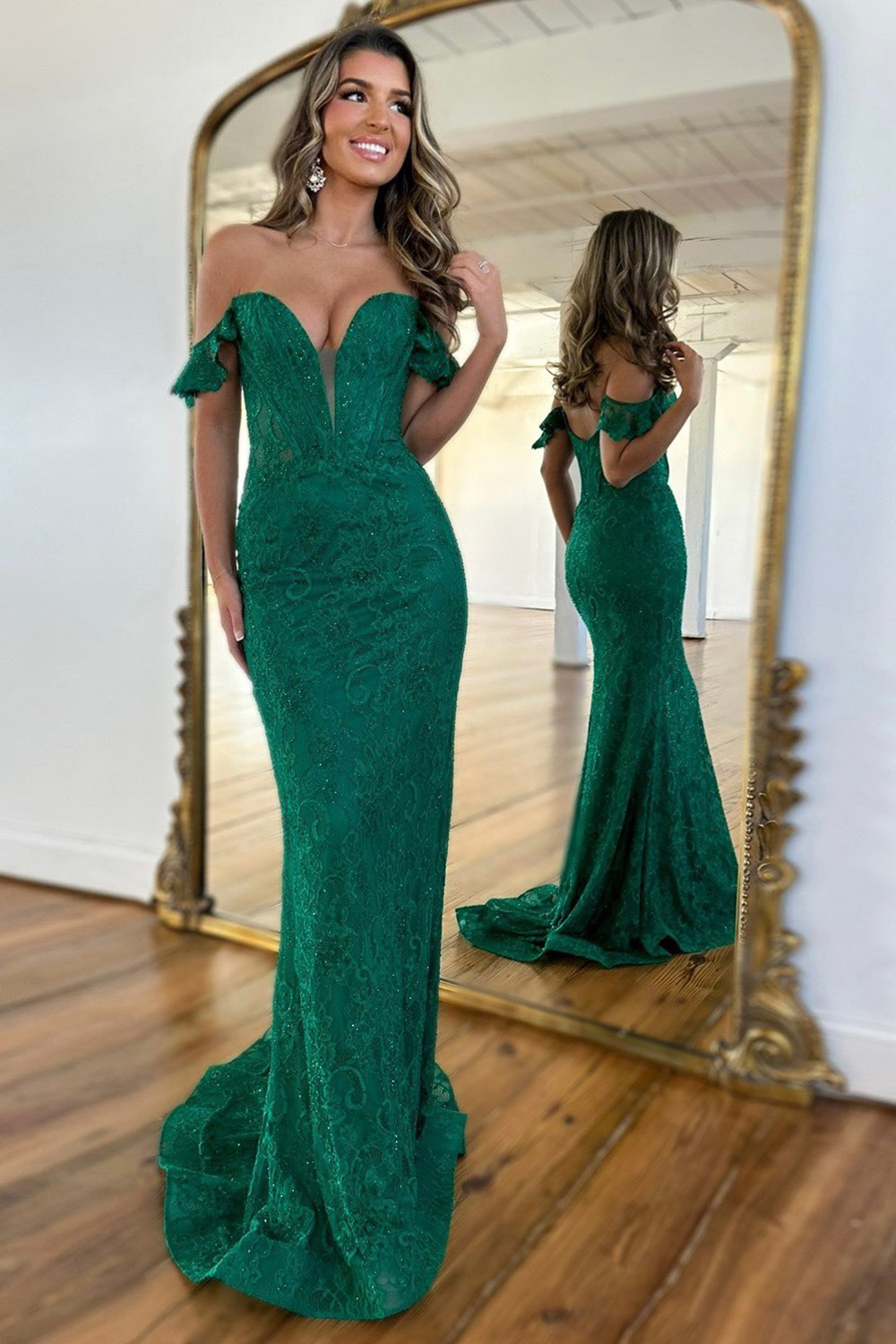 Glitter Dark Green Off the Shoulder Mermaid Lace Long Corset Prom Dress