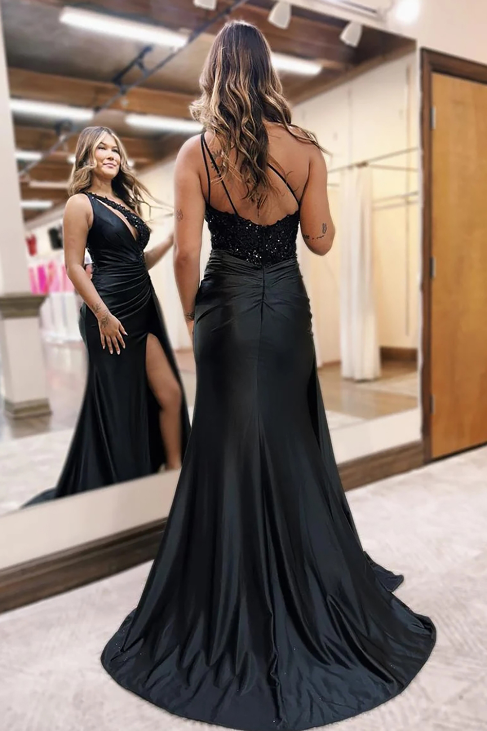 Black One Shoulder Mermaid Satin Long Prom Dress with Sequins