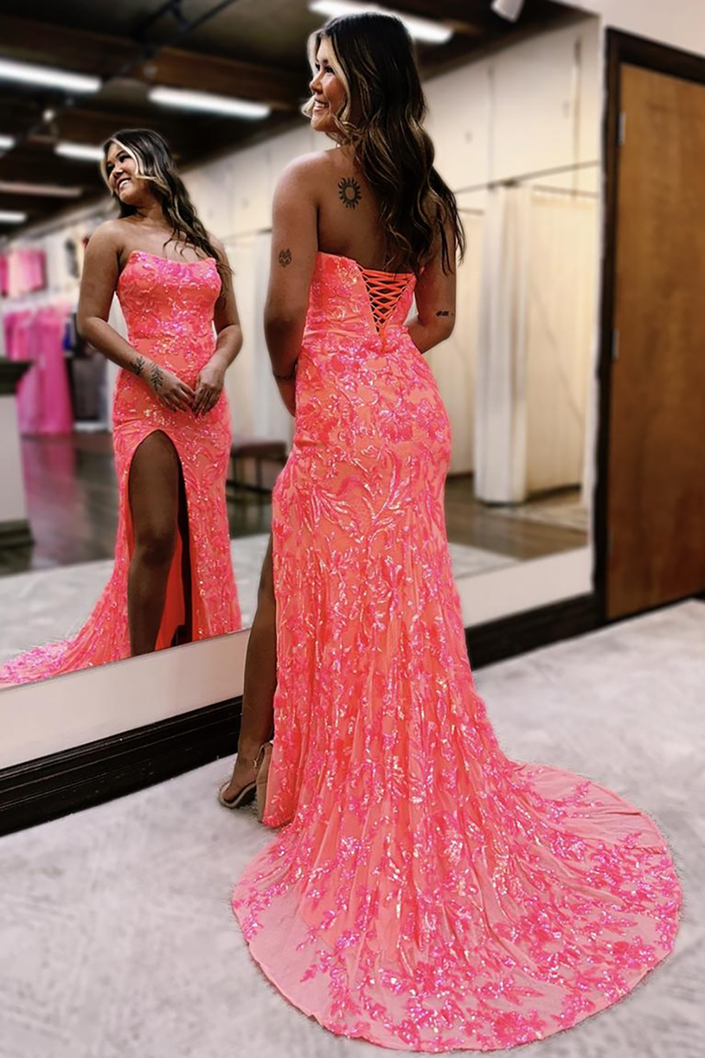 Sparkly Orange Strapless Sequins Mermaid Long Prom Dress with Slit