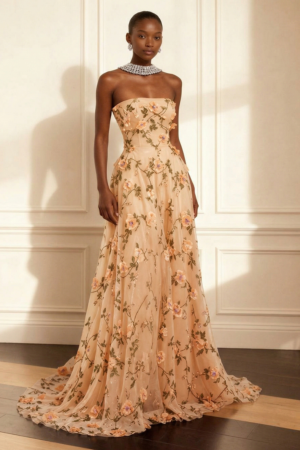 Floral Purple Strapless A Line Long Corset Prom Dress