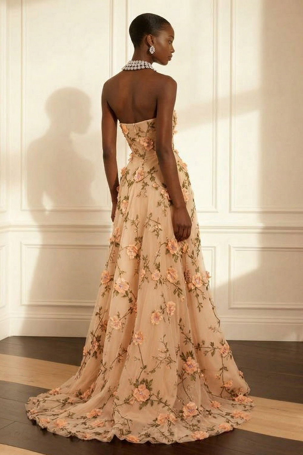 Floral Purple Strapless A Line Long Corset Prom Dress