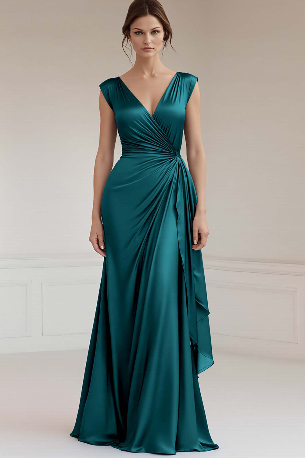 Peacock V-Neck Ruched Sheath Long Formal Dress with Ruffles