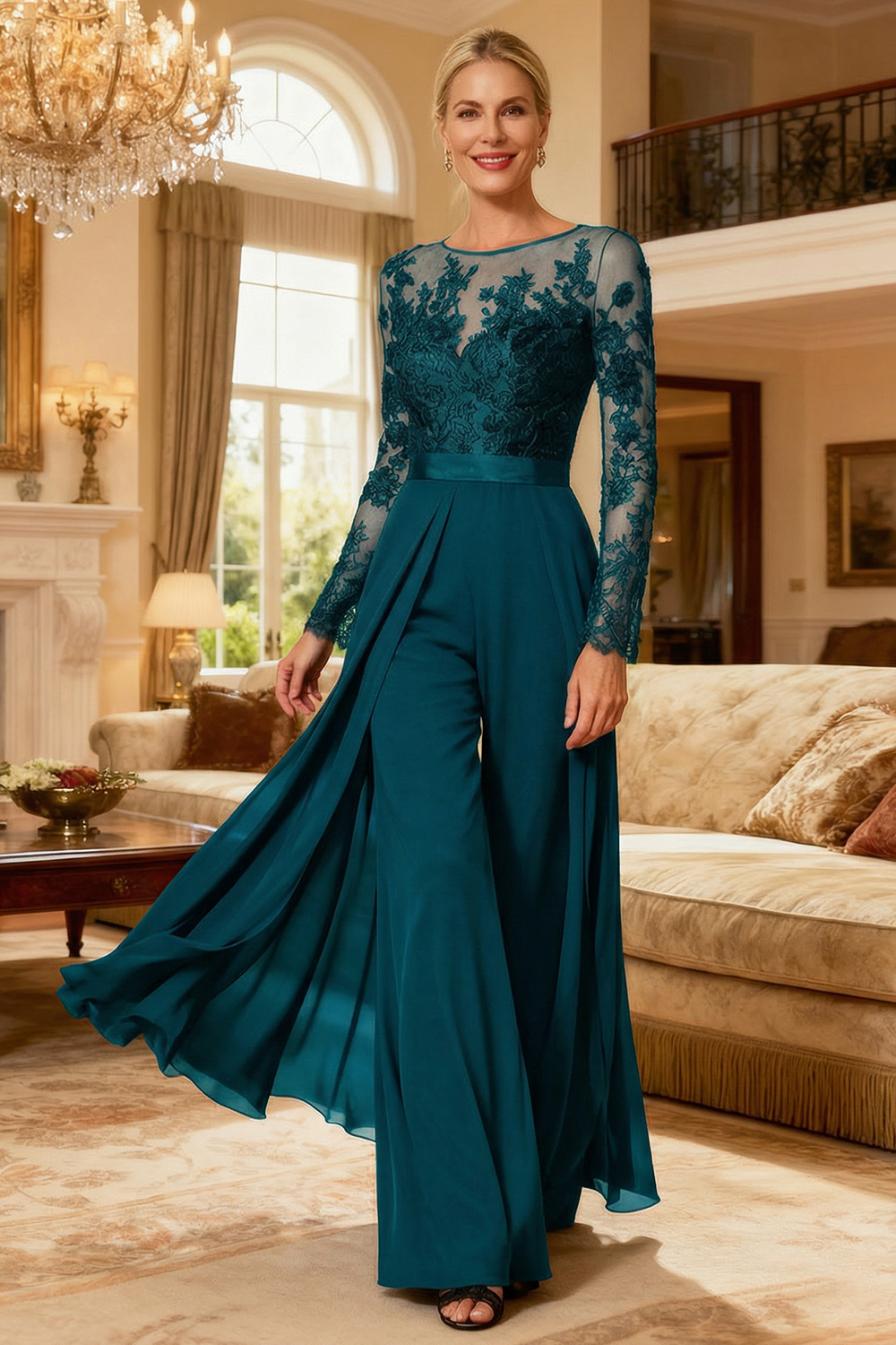 Black Illusion Neck Chiffon Mother of the Bride Pant Suits with Side Cape