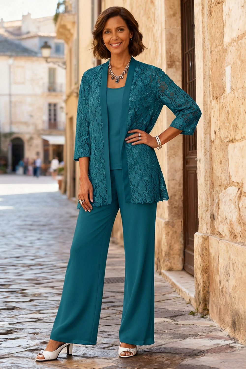 3-Piece Light Grey Round Neck Chiffon Mother of the Bride Pant Suits with Jacket