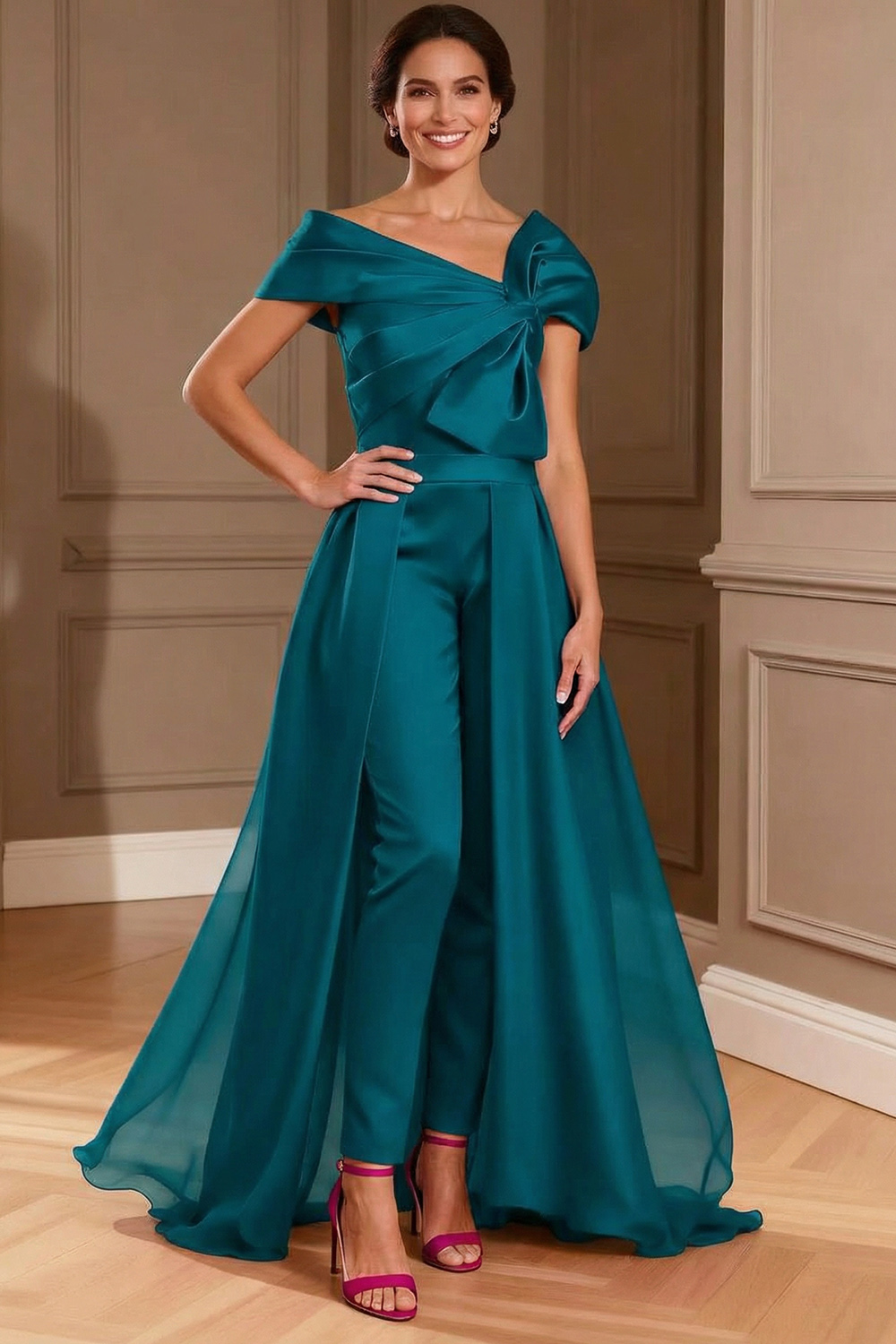 Fuchsia Satin Asymmetrical Neck Mother of the Bride Jumpsuits with Cape