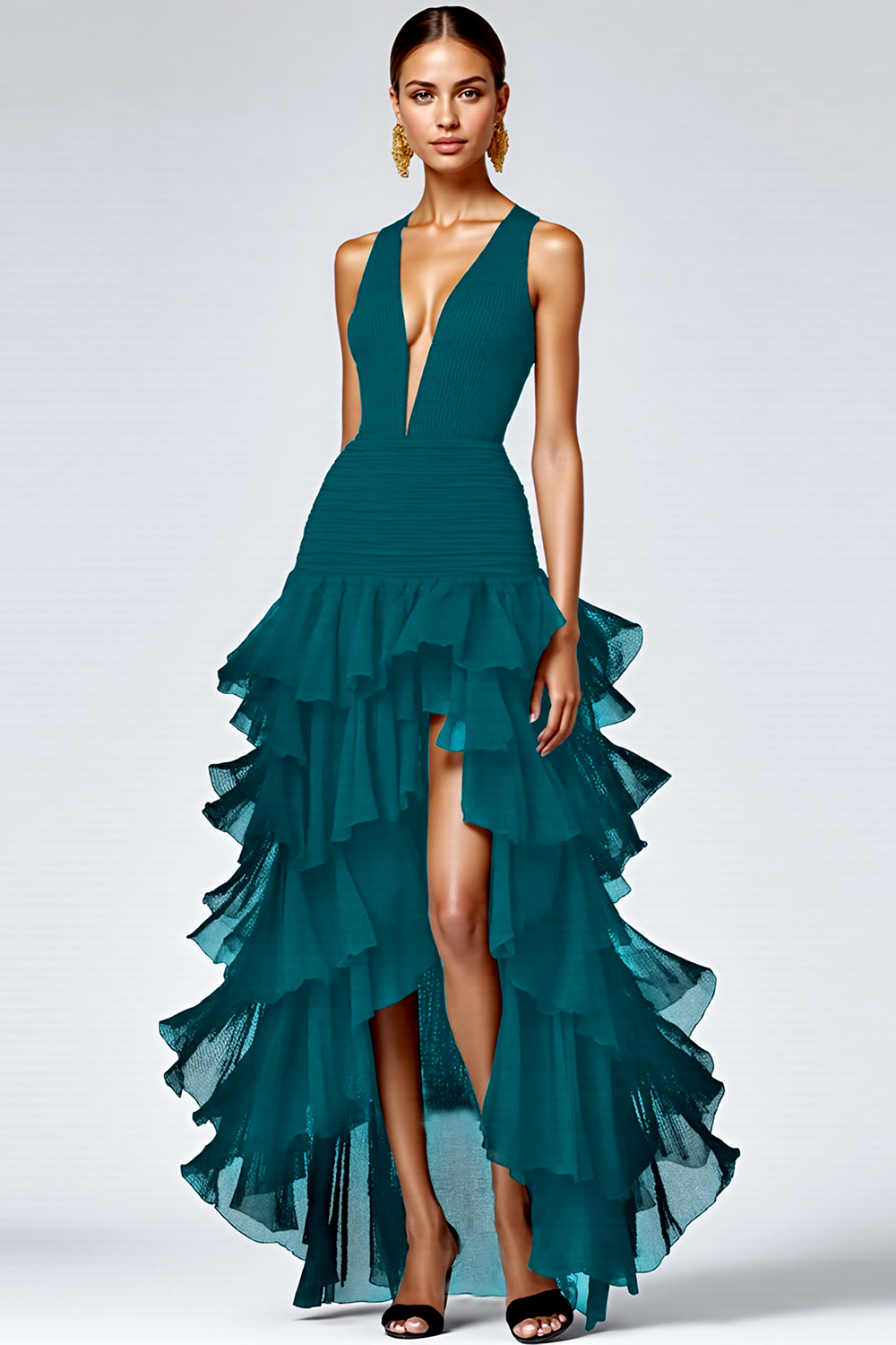 Black A Line V-Neck Tiered Sleeveless Long Formal Dress with Slit