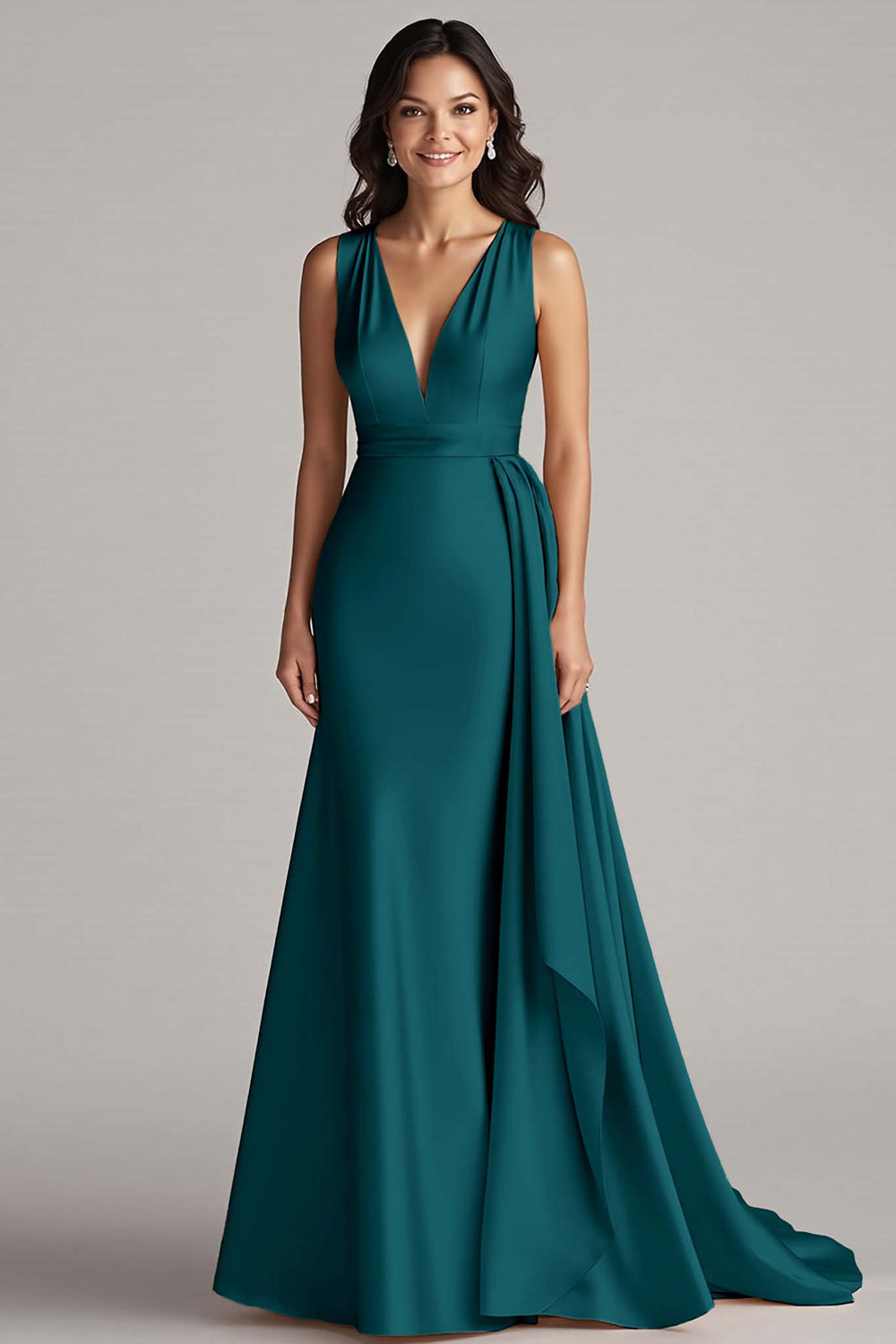 Champagne Deep V-Neck Sleeveless Long Satin Formal Dress