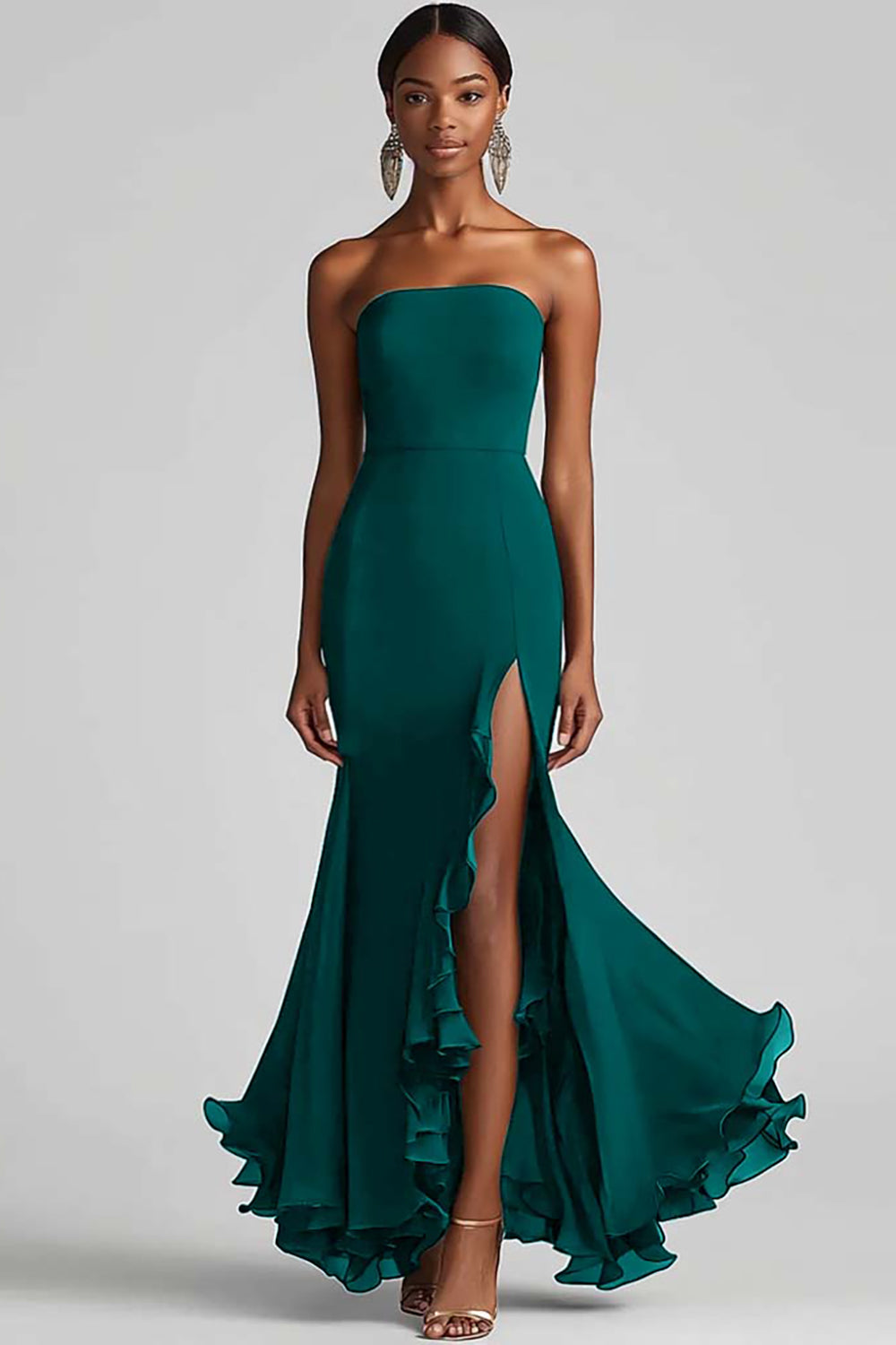 Strapless Sheath Chiffon Long Black Tie Dress with Slit