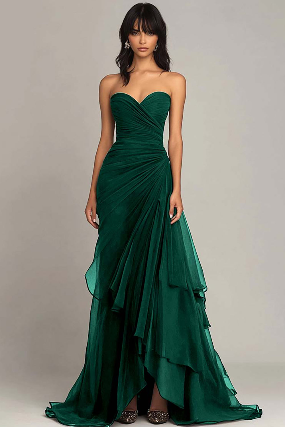 Dark Brown Strapless Tiered Long Chiffon Formal Dress
