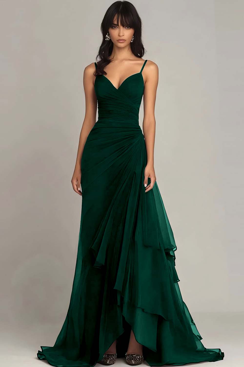 Dark Brown Spaghetti Straps Ruffled Long Chiffon Formal Dress