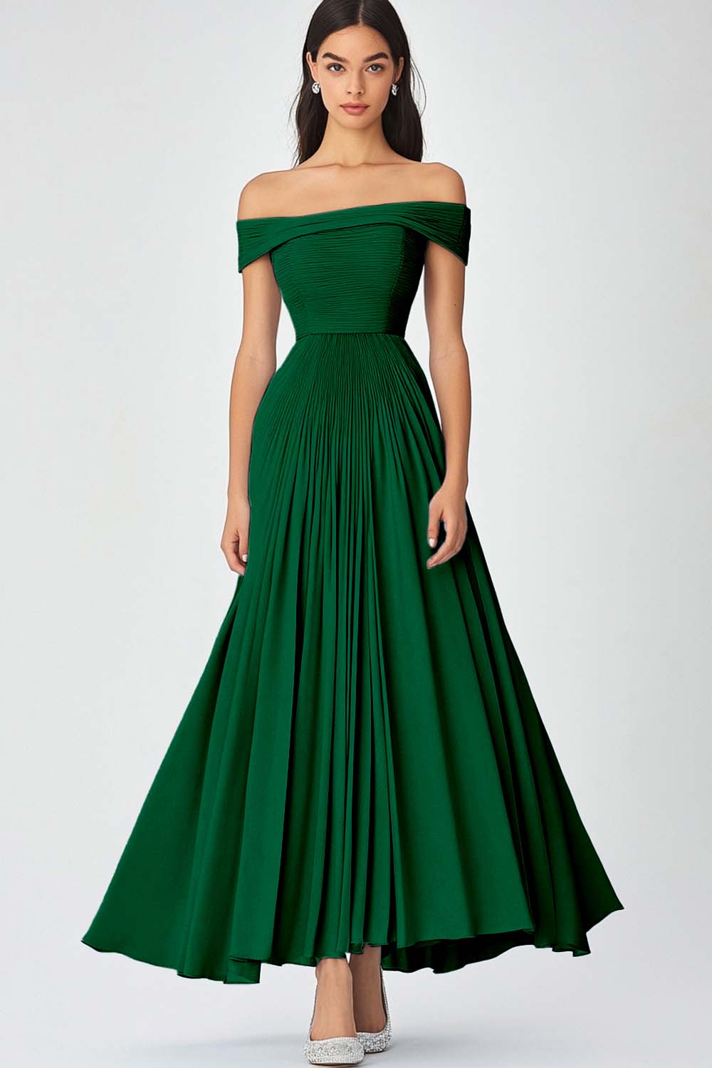 Off the Shoulder Dusty Sage A Line Long Chiffon Formal Dress