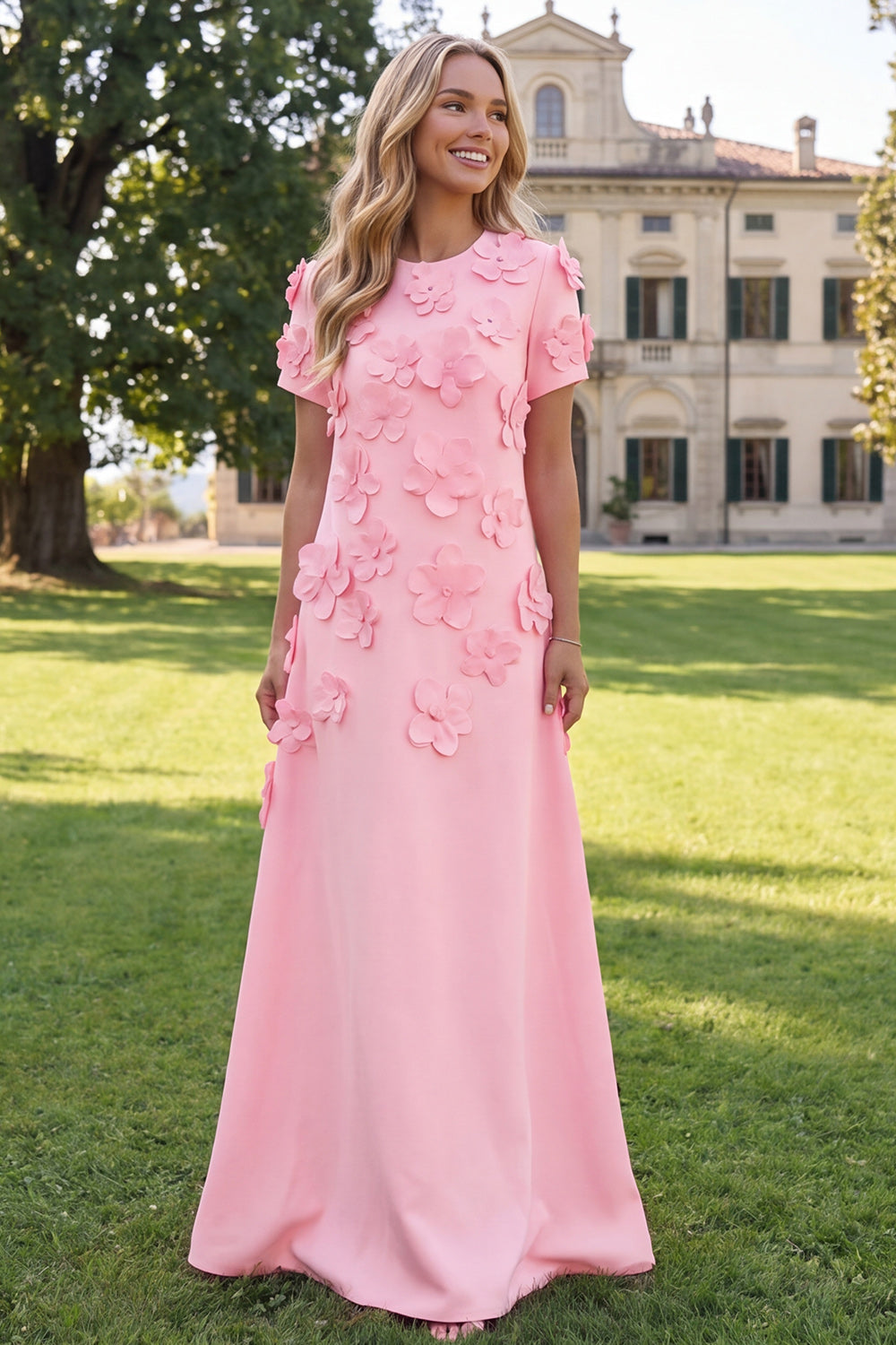 Floral Round Neck Blue A Line Long Formal Dress with Sleeves