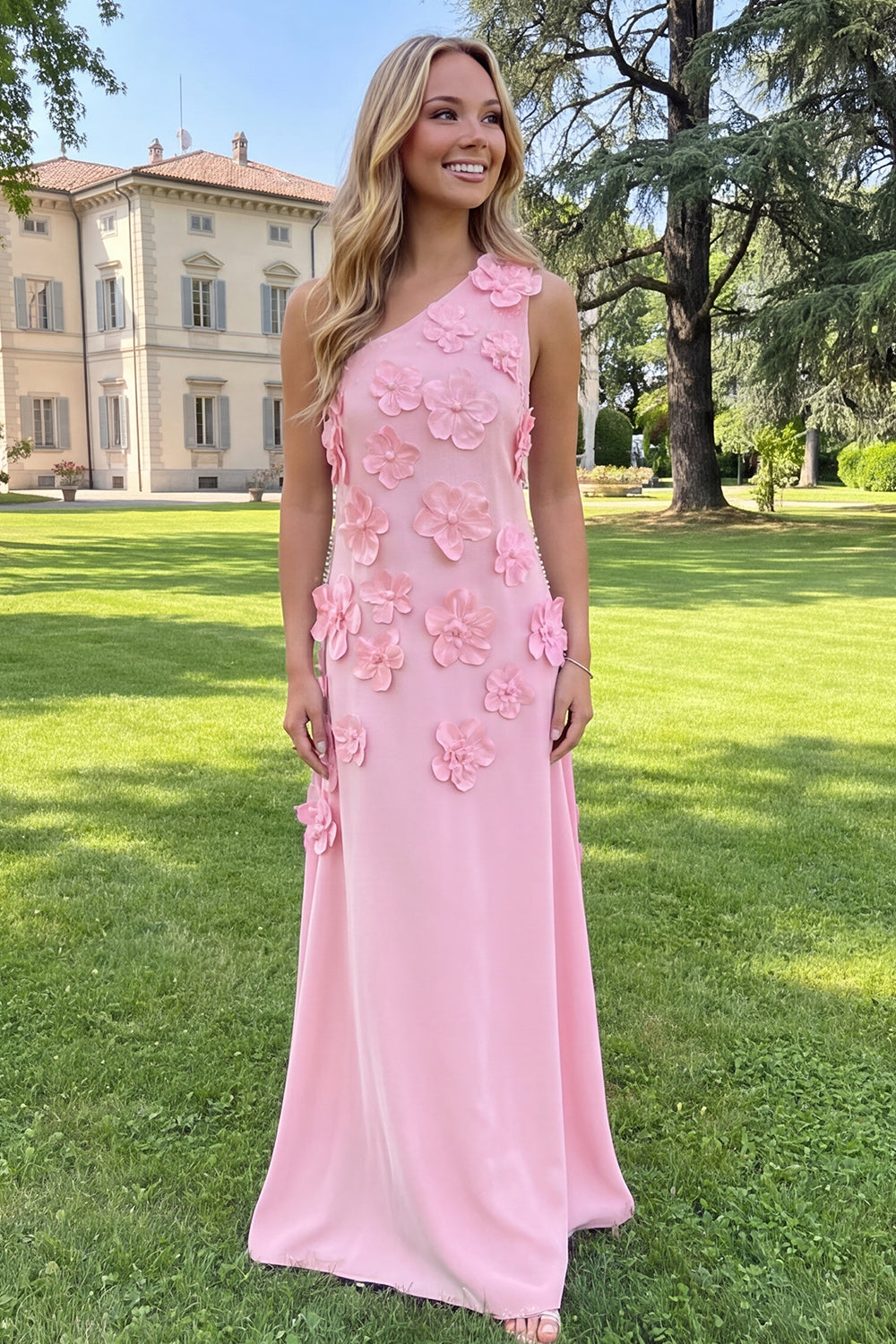Floral Yellow Sheath One Shoulder Maxi Formal Dress