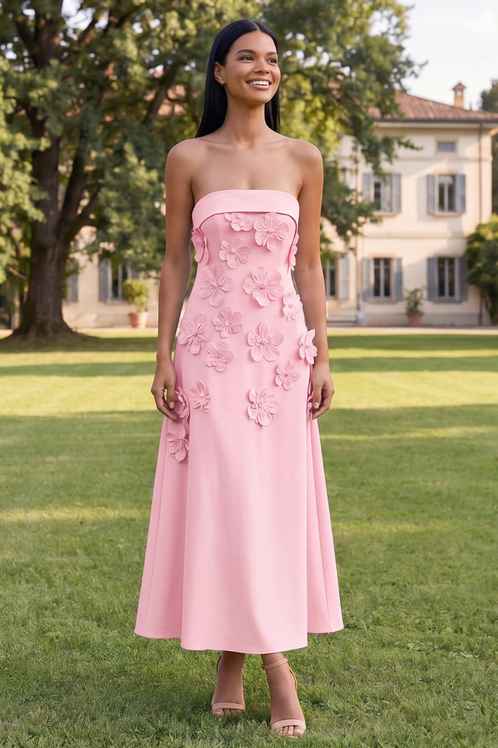 Yellow A Line Floral Strapless Maxi Formal Dress