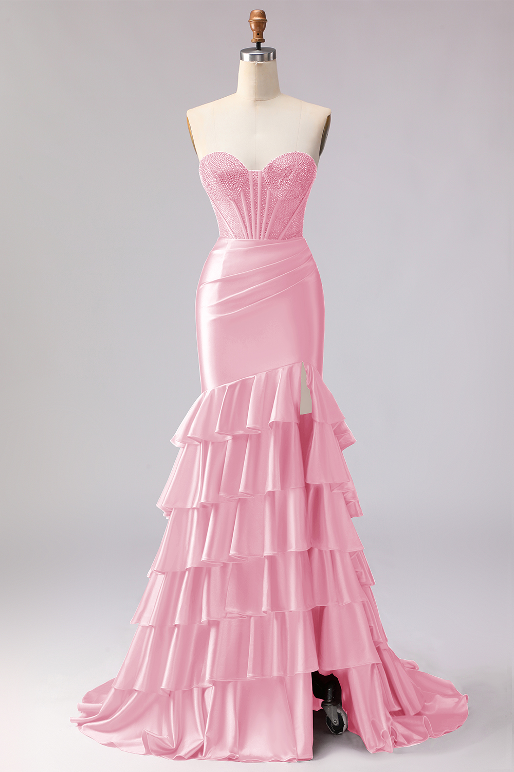 Sparkly Red Beaded Mermaid Sweetheart Ruffled Long Corset Prom Dress