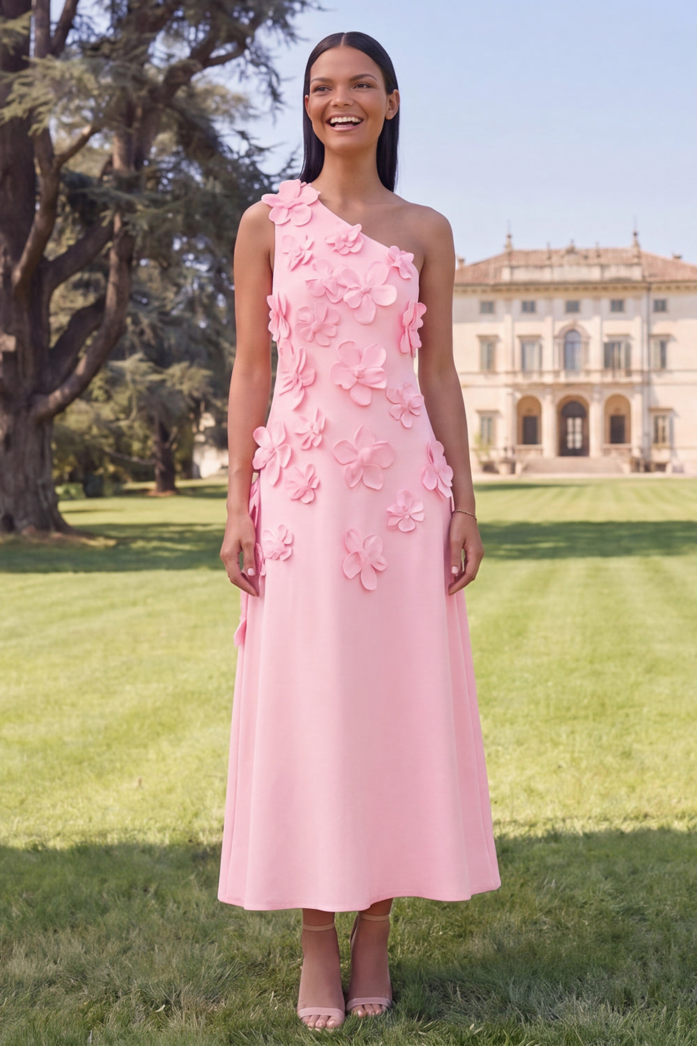 Floral Burgundy A Line One Shoulder Maxi Formal Dress