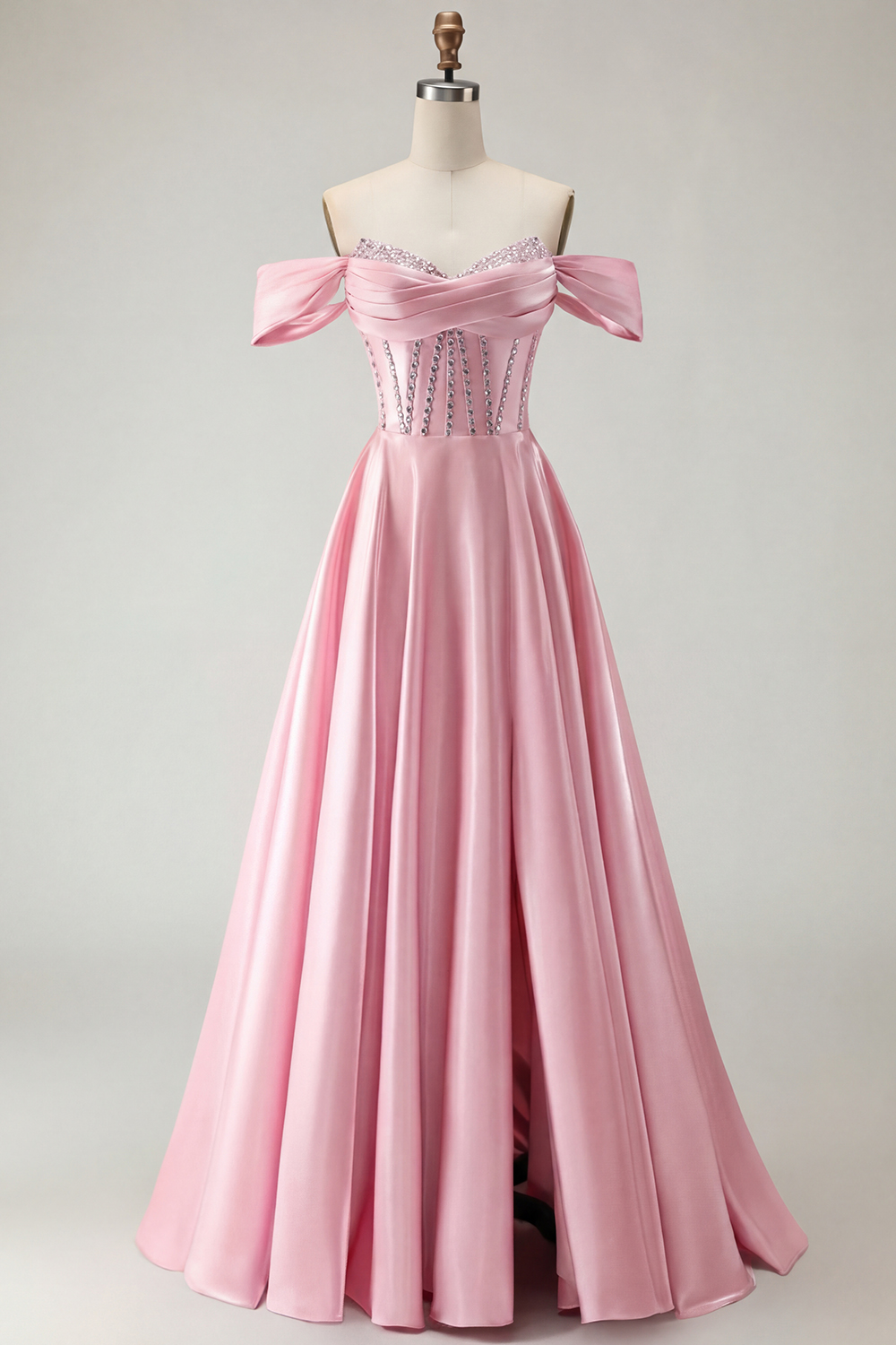 Sparkly Purple A-Line Satin Off the Shoulder Long Corset Prom Dress with Slit