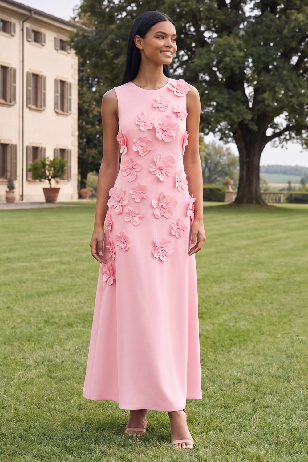 A Line Round Neck Yellow Floral Maxi Formal Dress